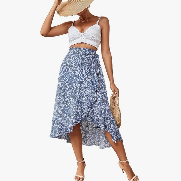 Boho Blue Floral Ruffle Hem Wrap Midi Skirt Self Tie - Picture 1 of 11